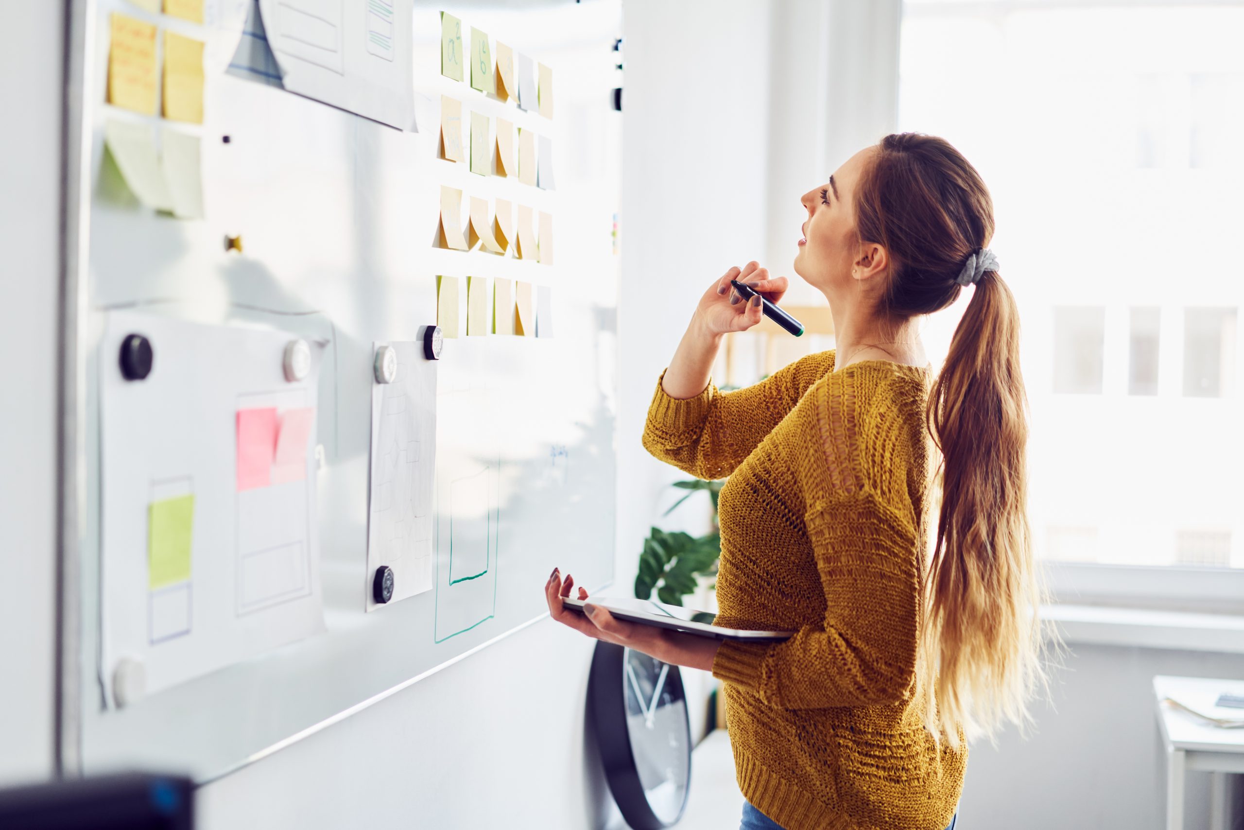 Businesswoman planning in office using whiteboard