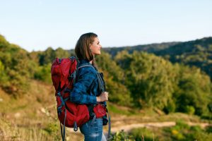 Girl Traveling With Bag, Hiking In Nature.