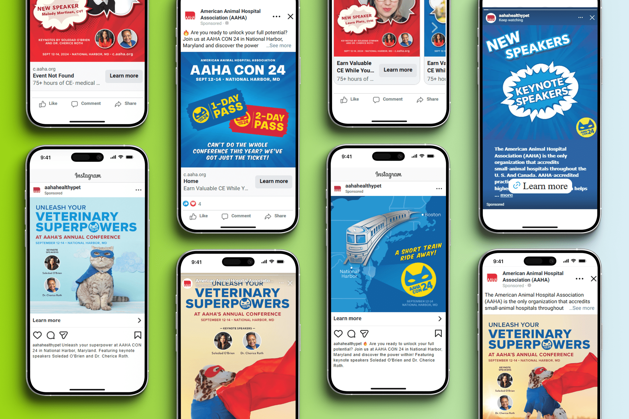 Mobile devices displaying different AAHA Con ads