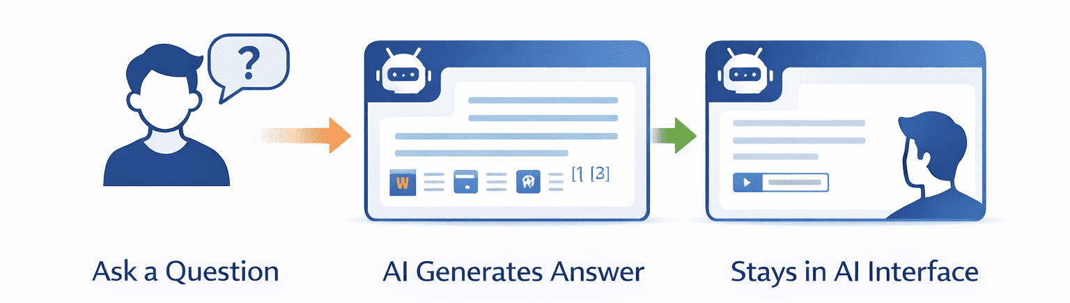 The AI search process becomes: Ask a Question, AI Generates Answer, Stays in AI Interface