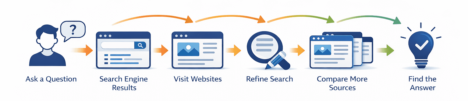 Graphic illustrating the process of asking a question in search, viewing results, visiting multiple websites, refining search and then finding answers.