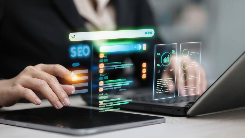 SEO optimization dashboard with search rankings and analytics interface