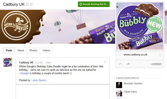 Most Popular Google+ Page is Cadbury UK