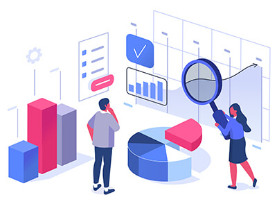 illustration of woman with magnifying glass and man studying charts and data